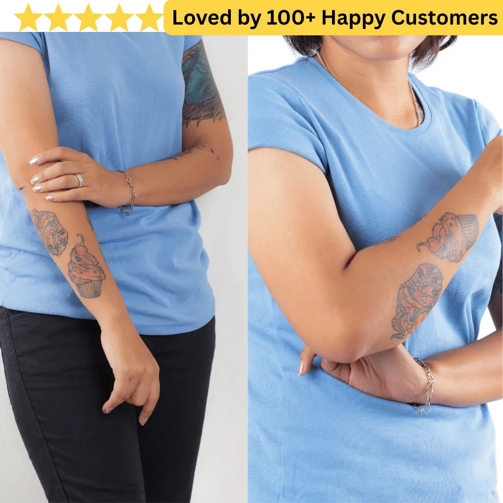Two people wearing blue shirts with visible tattoos on arms, text 'Loved by 100+ Happy Customers' above.