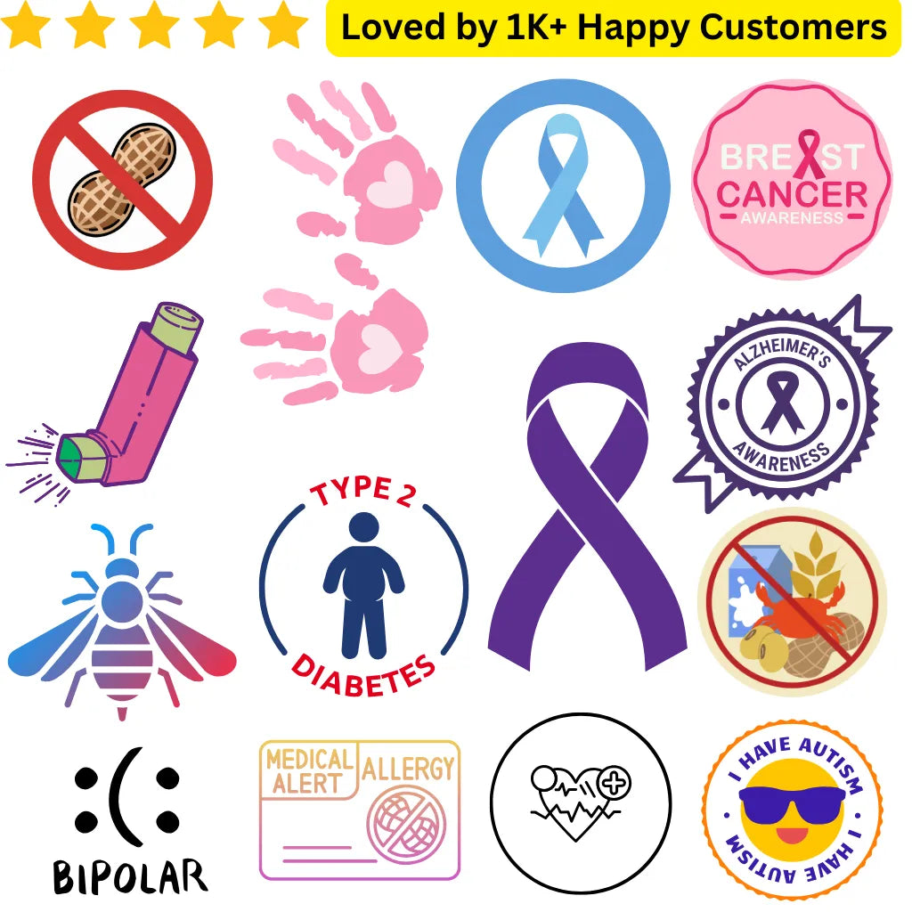 Collection of health and awareness icons on a white background. Trusted Temporary Tattoos for Dementia, Diabetes & Breast Cancer