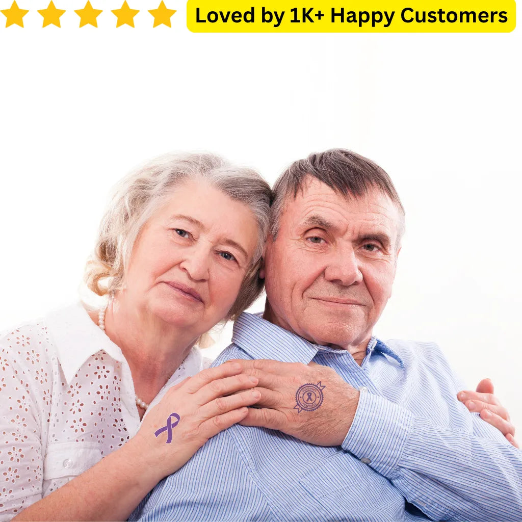 Two elderly people with tattoos on a white background, surrounded by text about customer satisfaction. Trusted Temporary Tattoos for Dementia, Diabetes & Breast Cancer