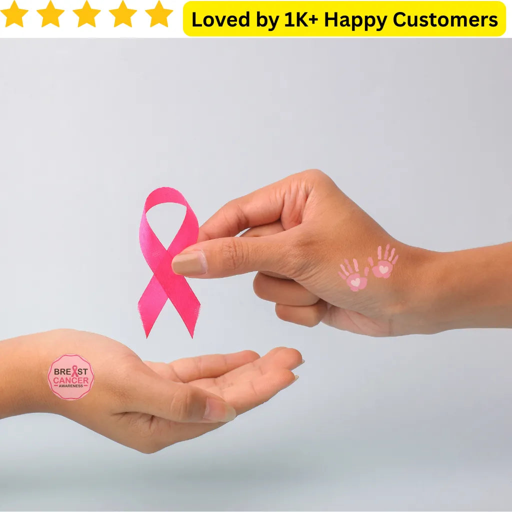 Two hands holding a pink ribbon with breast cancer awareness tattoos on a light gray background. Trusted Temporary Tattoos for Dementia, Diabetes & Breast Cancer