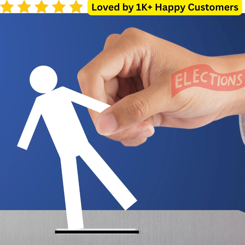Hand with 'Elections' label pushing a white stick figure on a blue background, with text about customer satisfaction. Personalized tattoos Temporary That Turn Political Support Into Style
