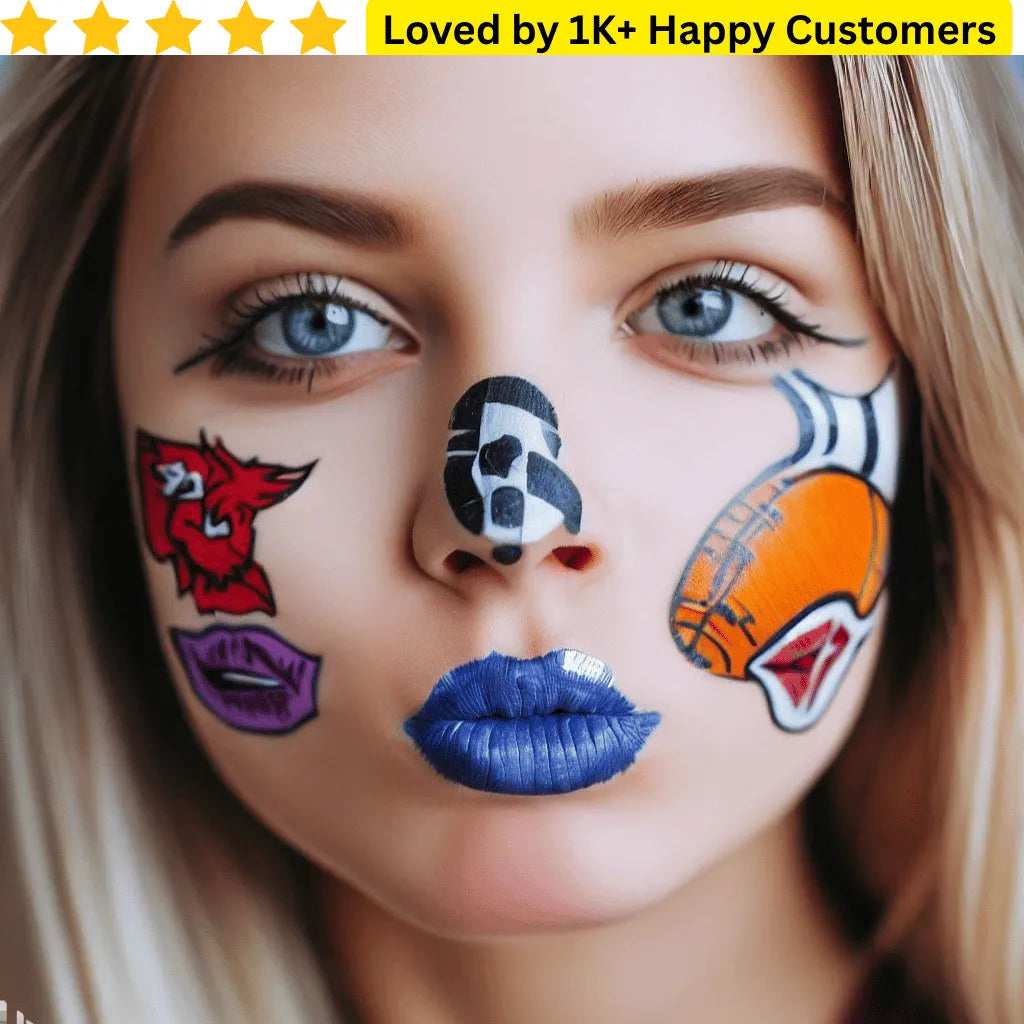 Woman with sports-themed face paint featuring a bull, soccer ball, basketball, and lips. Branded Temporary Tattoos: Upload your Logo, Slogan, or Campaign Design – No Bulk Lock-In, Fake Tattoos Custom – Your Design, Your Way
