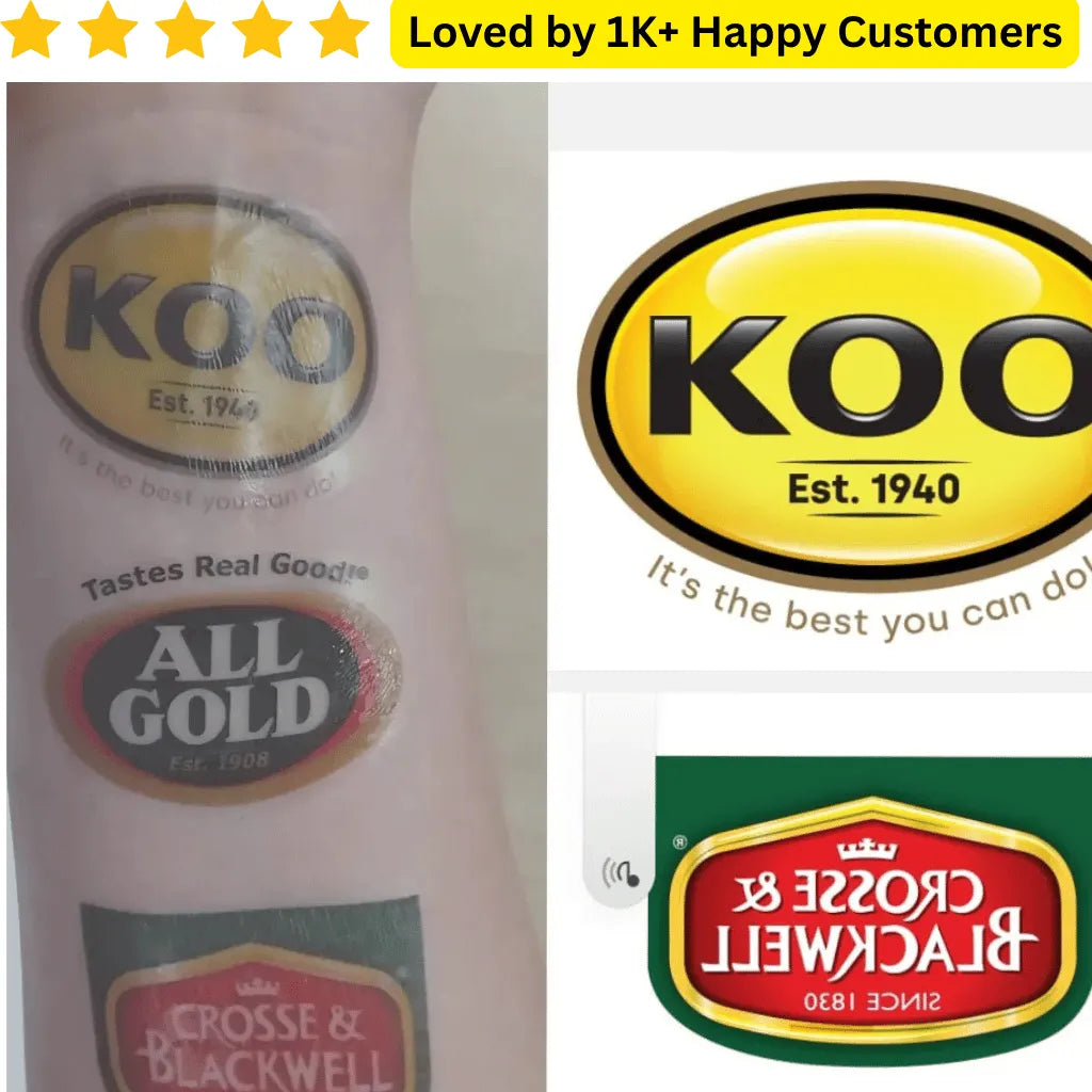 Collage of Koo, All Gold, and Crosse & Blackwell brand logos with text 'Loved by 1K+ Happy Customers'. Branded Temporary Tattoo: Upload your Logo or Slogan – No Bulk Lock-In, Fast Delivery
