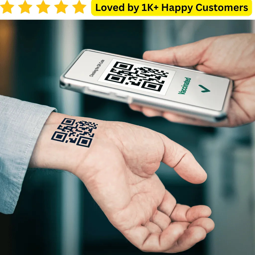 Hand with QR code tattoo, smartphone scanning, and text 'Loved by 1K+ Happy Customers' above. Branded Temporary Tattoos: Upload your Logo, Slogan, or Campaign Design – No Bulk Lock-In