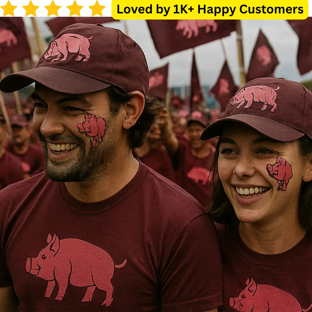 Two people wearing maroon hats and shirts with a pig logo, surrounded by similar attire and flags, with text 'Loved by 1K+ Happy Customers' at the top. Personalized Tattoos Temporary TattoosThat Turn Political Support In style