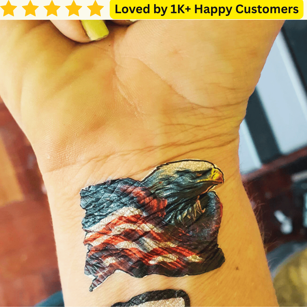 Tattoo of an eagle with a flag design on a person's arm, with text indicating customer satisfaction. Tattoo Custom Temporary – Your Design, Your Way