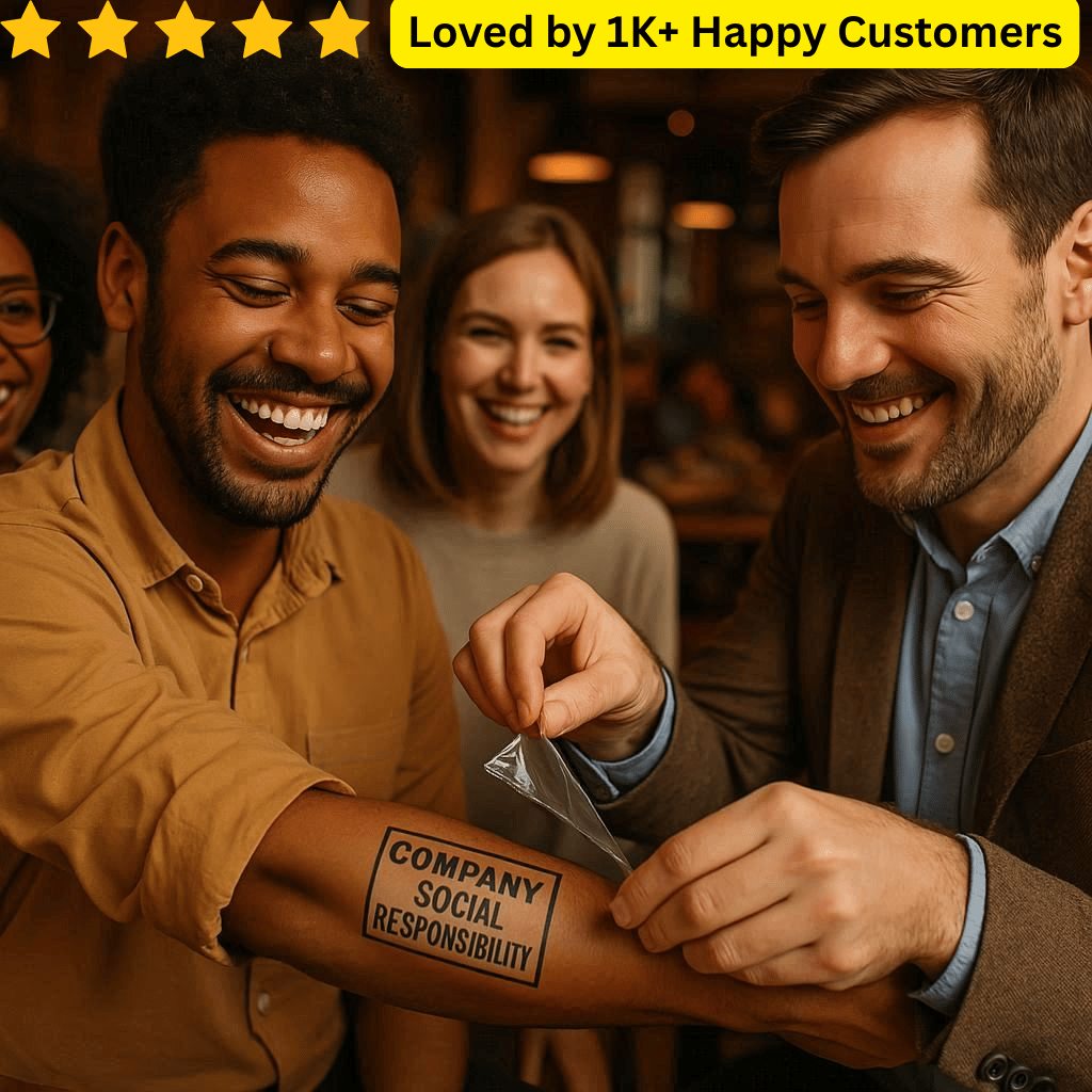 Two men laughing together with a 'Company Social Responsibility' stamp on one man's arm, surrounded by smiling people in a warm setting. Temporary Custom Tattoos – Designed by You, Printed by Us