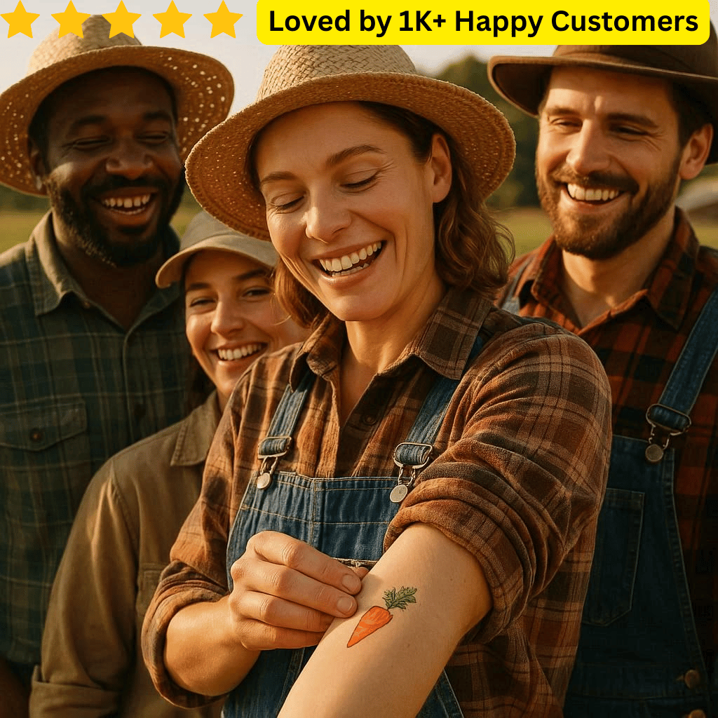 Group of people in rustic attire with a woman showing a carrot tattoo, surrounded by five stars and text 'Loved by 1K+ Happy Customers'. Temporary Custom Tattoos – Designed by You, Printed by Us