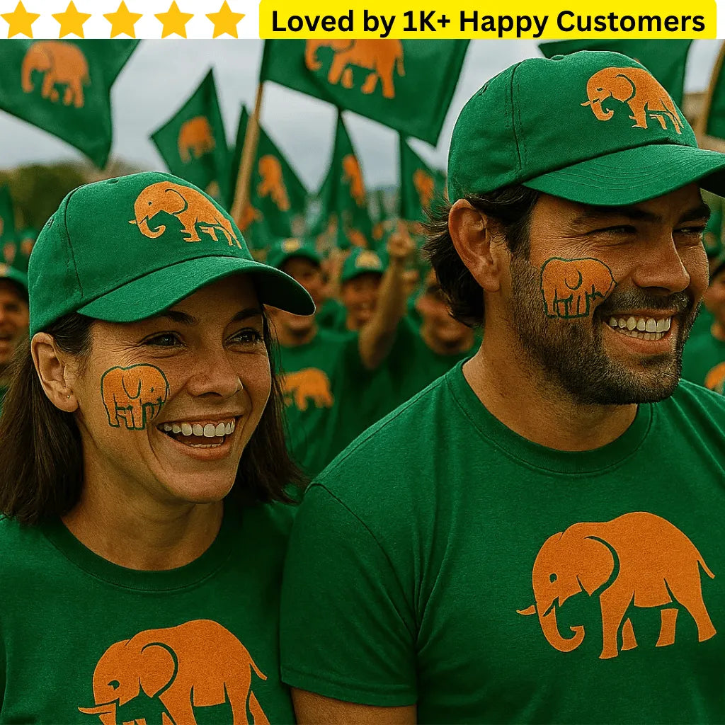 Two people wearing green caps and t-shirts with orange elephants, surrounded by green flags with orange elephants. Personalized Tattoos Temporary That Turn Political Support Into Style