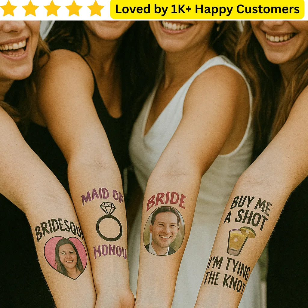 Four women with temporary tattoos on their arms, featuring text and photos. Custom Temporary Tattoos Bachelorette – Celebrate in Style, South Africa💍