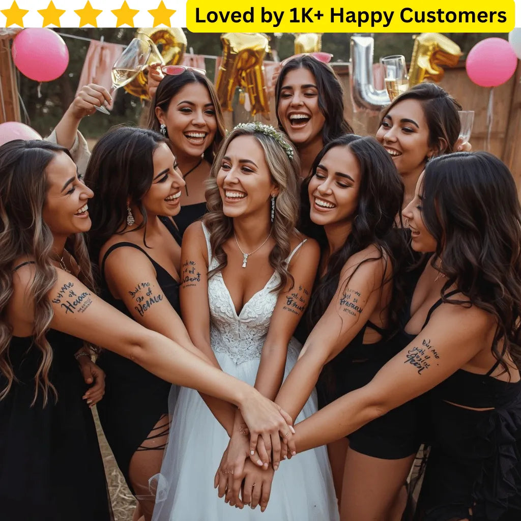 Group of women celebrating with a bride, surrounded by balloons and confetti, with text 'Loved by 1K+ Happy Customers' at the top. Custom Temporary Tattoos Bachelorette – Celebrate in Style, South Africa💍