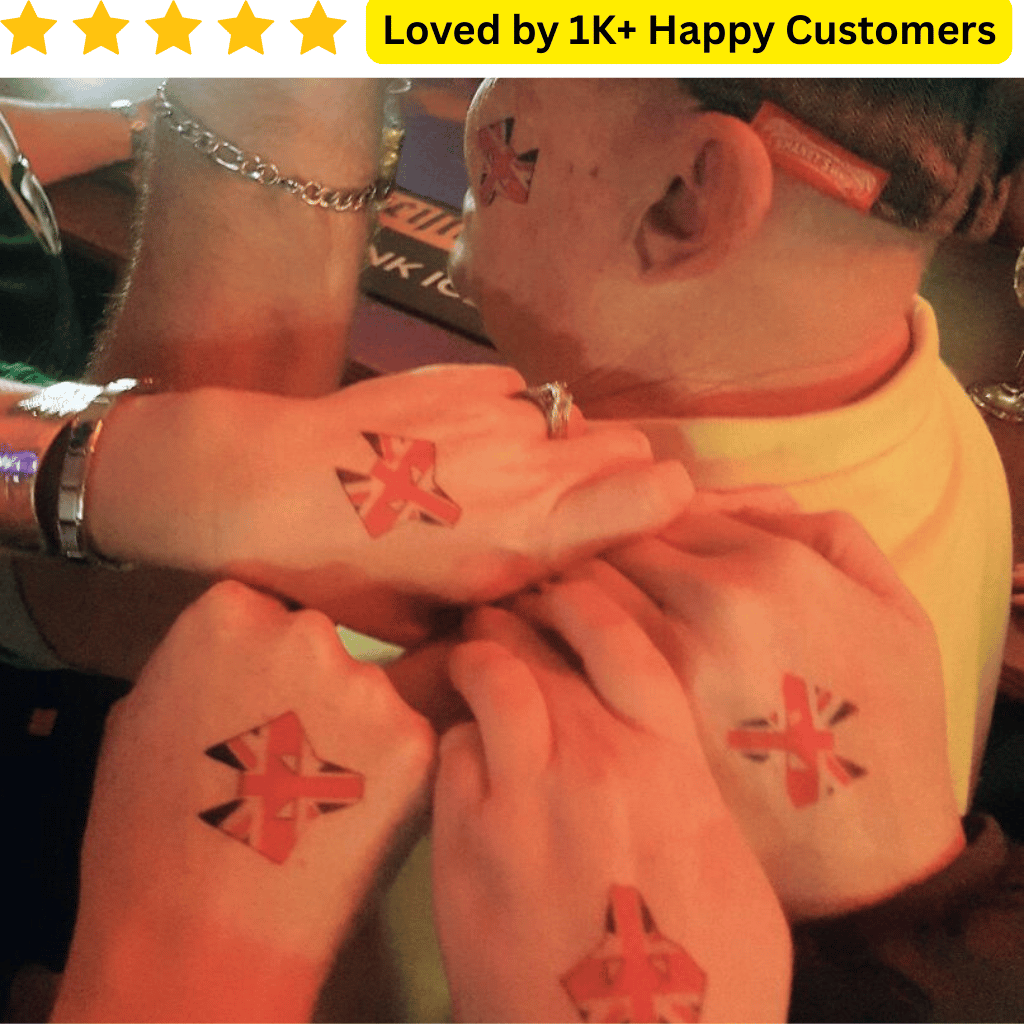 Two people with red and black designs on their hands, with a child wearing a yellow shirt in the background. Temporary Tattoo Printing – Fast, Affordable & Local