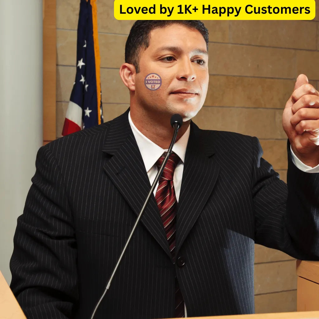 Man in a suit with a 'I Voted' sticker, standing at a podium with an American flag in the background. Personalized tattoos Temporary That Turn Political Support Into Style