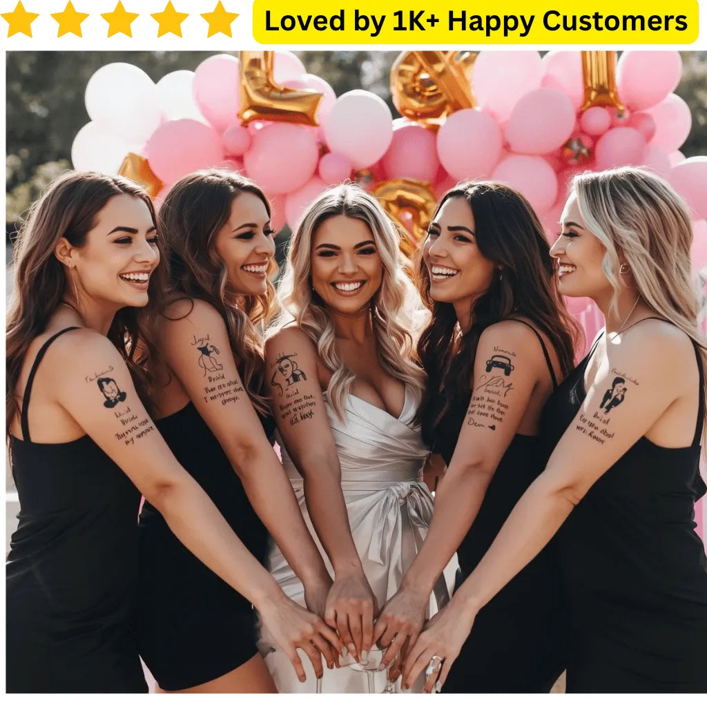 Five women with tattoos standing together in front of pink balloons, with text 'Loved by 1K+ Happy Customers' at the top. Custom Temporary Tattoos Bachelorette – Celebrate in Style, South Africa💍