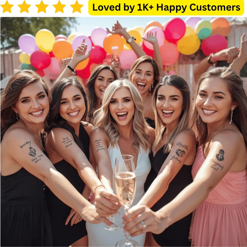 Group of women celebrating with balloons and champagne, with text 'Loved by 1K+ Happy Customers' at the top. Custom Temporary Tattoos Bachelorette – Celebrate in Style, South Africa💍