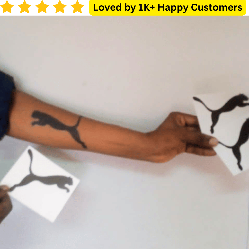 Person holding a Puma logo with text 'Loved by 1K+ Happy Customers' above. Tattoo Custom Temporary – Your Design, Your Way