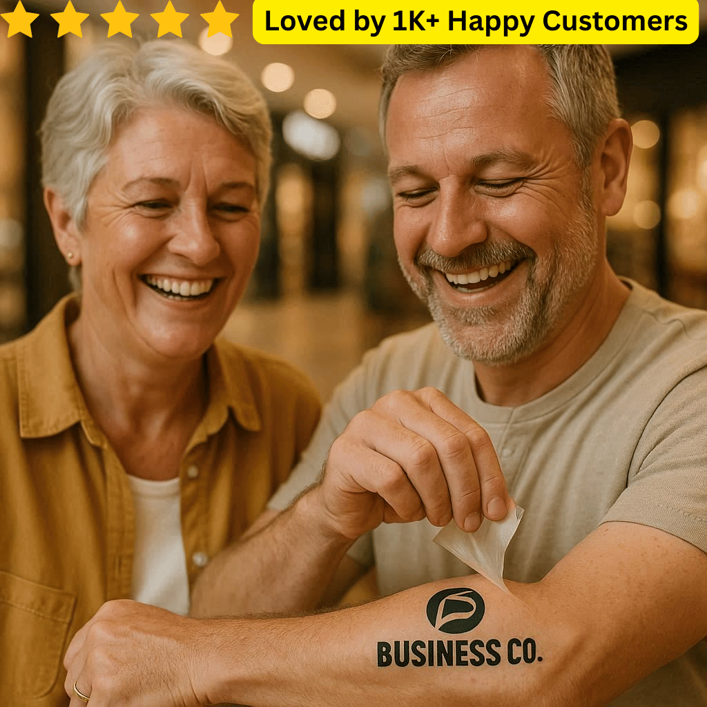 Two people with a tattoo of 'Business Co.' on their arm, surrounded by a warm, blurred background. Temporary Custom Tattoos – Designed by You, Printed by Us