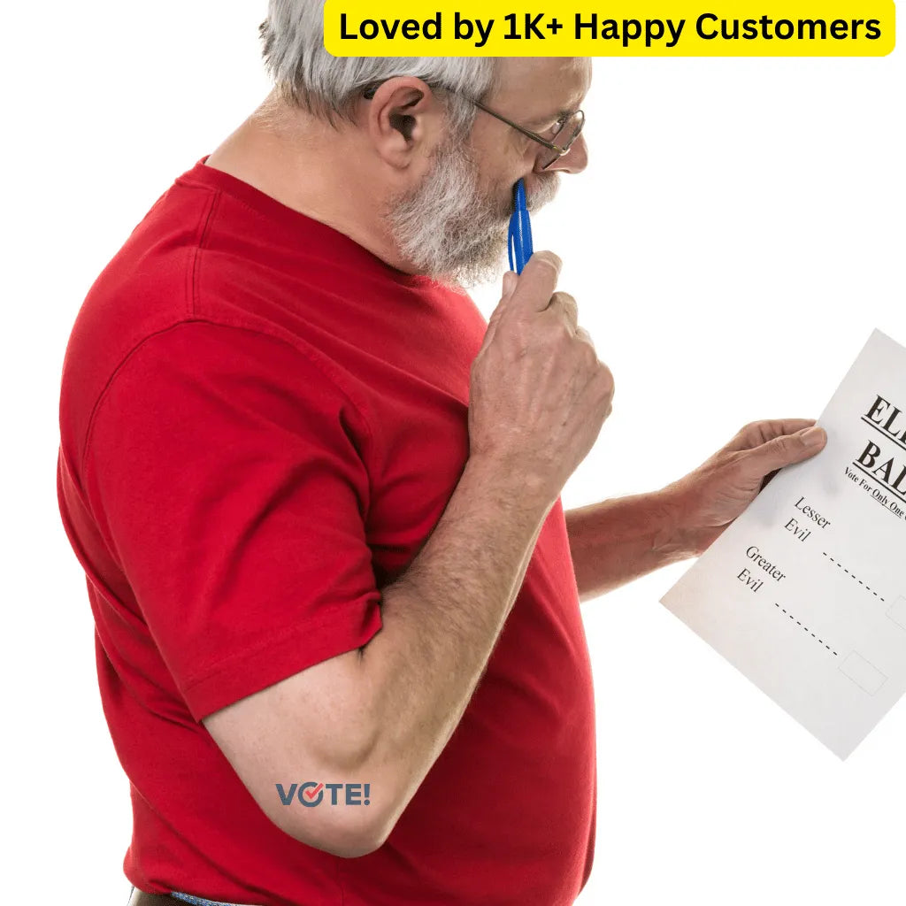 Man in red shirt holding a pen and ballot with 'VOTE!' tattoo, text 'Loved by 1K+ Happy Customers' above. Personalized tattoos Temporary That Turn Political Support Into Style
