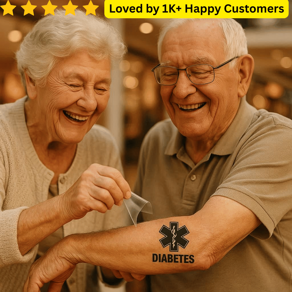 Two elderly people with a diabetes tattoo on one person's arm, surrounded by glowing lights. Temporary Custom Tattoos – Designed by You, Printed by Us