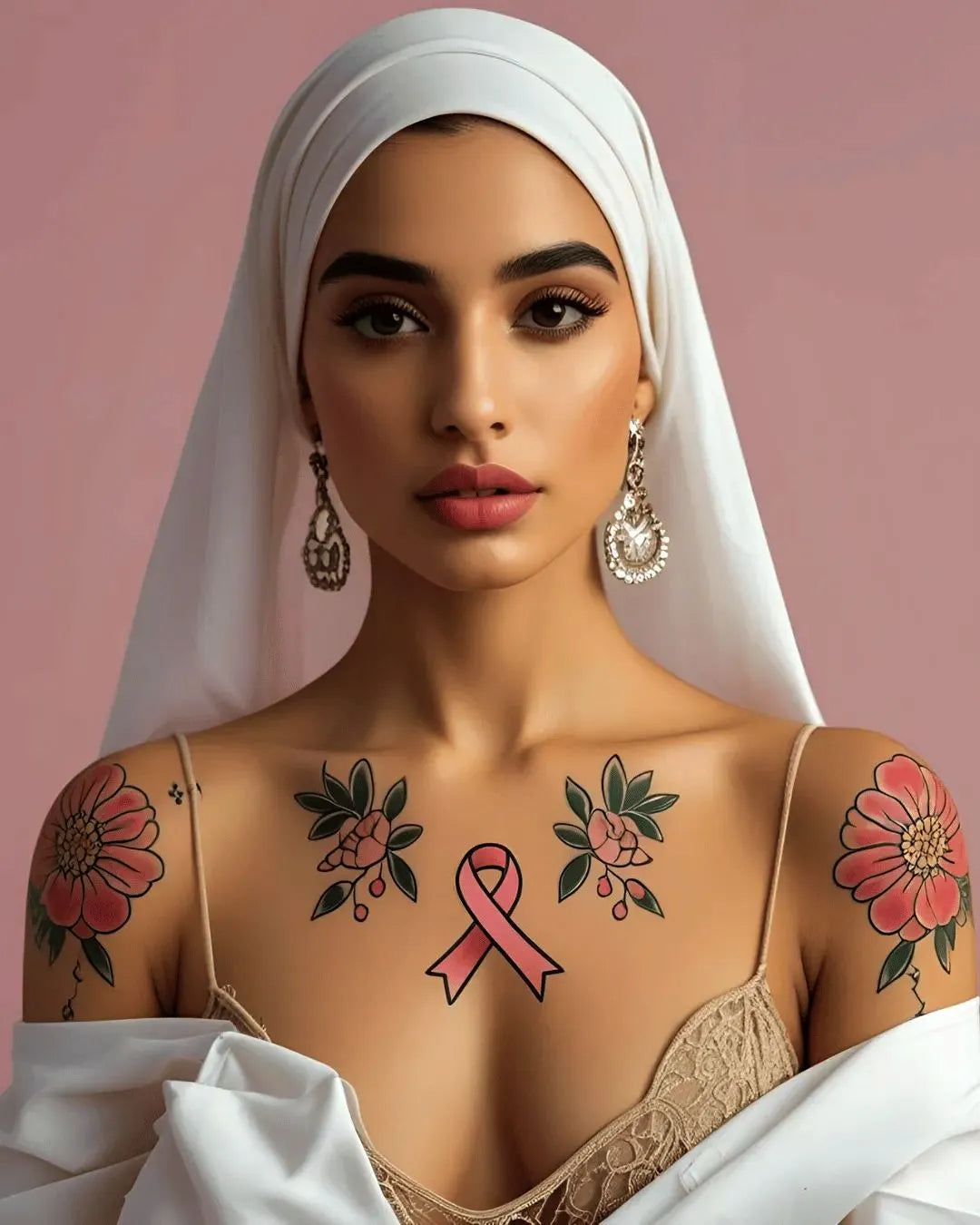 Woman with tattoos on her chest and arms against a pink background, Spark Interest with Custom Temporary Tattoos!