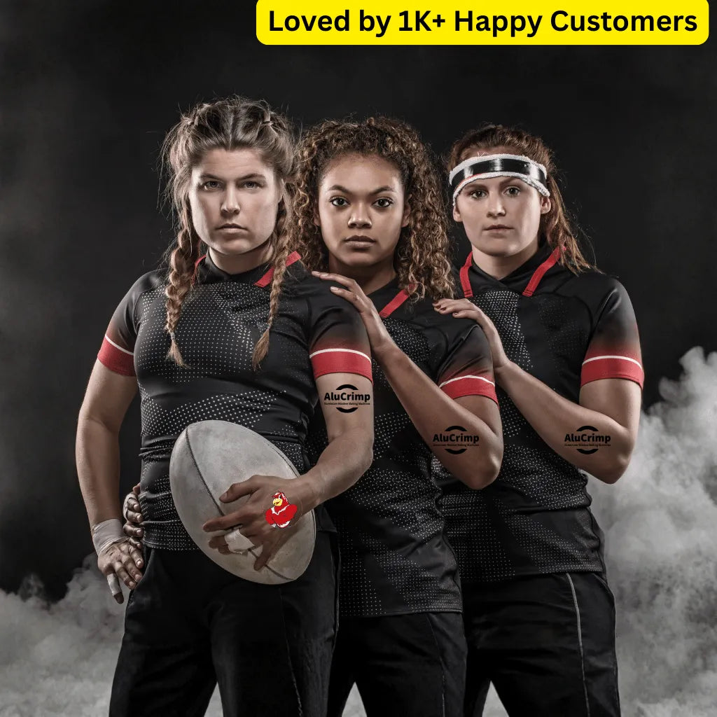 Three rugby players in black uniforms with red accents, holding a rugby ball, on a dark background. Springboks Tattoo – Rugby & School Team Designs! 🏉