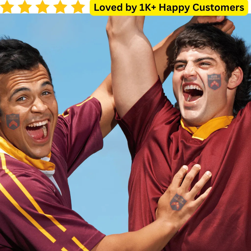 Two men in maroon sports jerseys celebrating with a blue sky background and text about happy customers. School Temporary Tattoos for Team Spirit