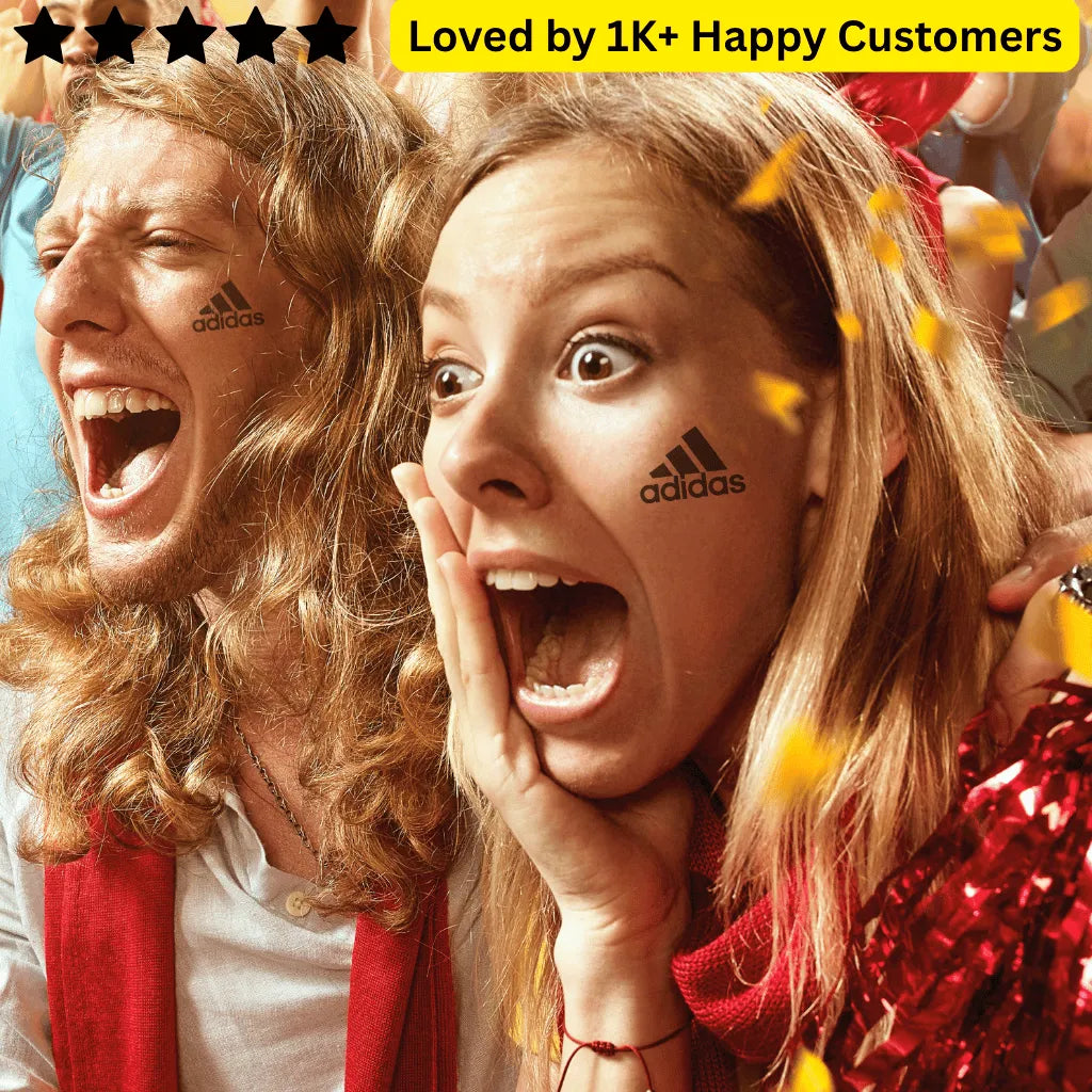 Two people with Adidas logos on their faces, surrounded by confetti, with a text overlay about customer love. Springboks Tattoo – Rugby & School Team Designs! 🏉