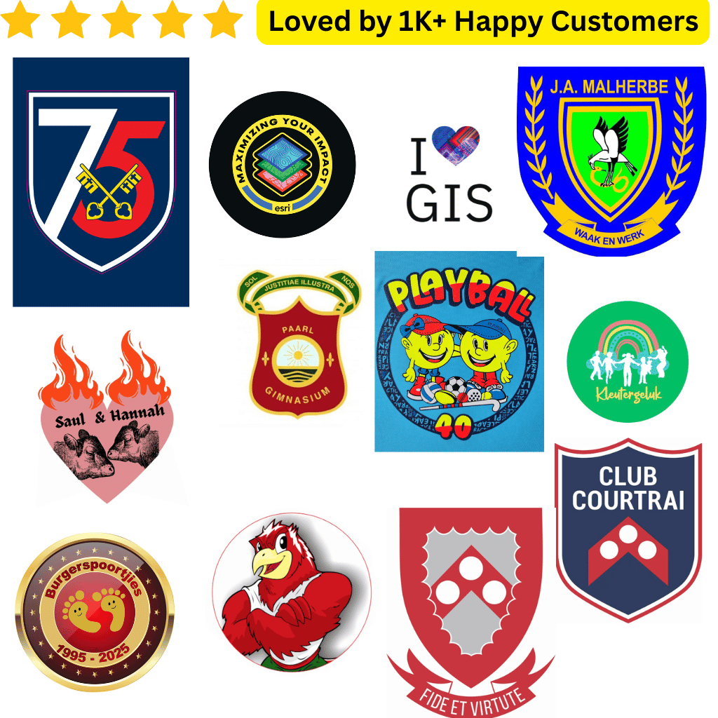 Collection of various logos and emblems with text 'Loved by 1K+ Happy Customers' at the top. School Temporary Tattoos for Team Spirit