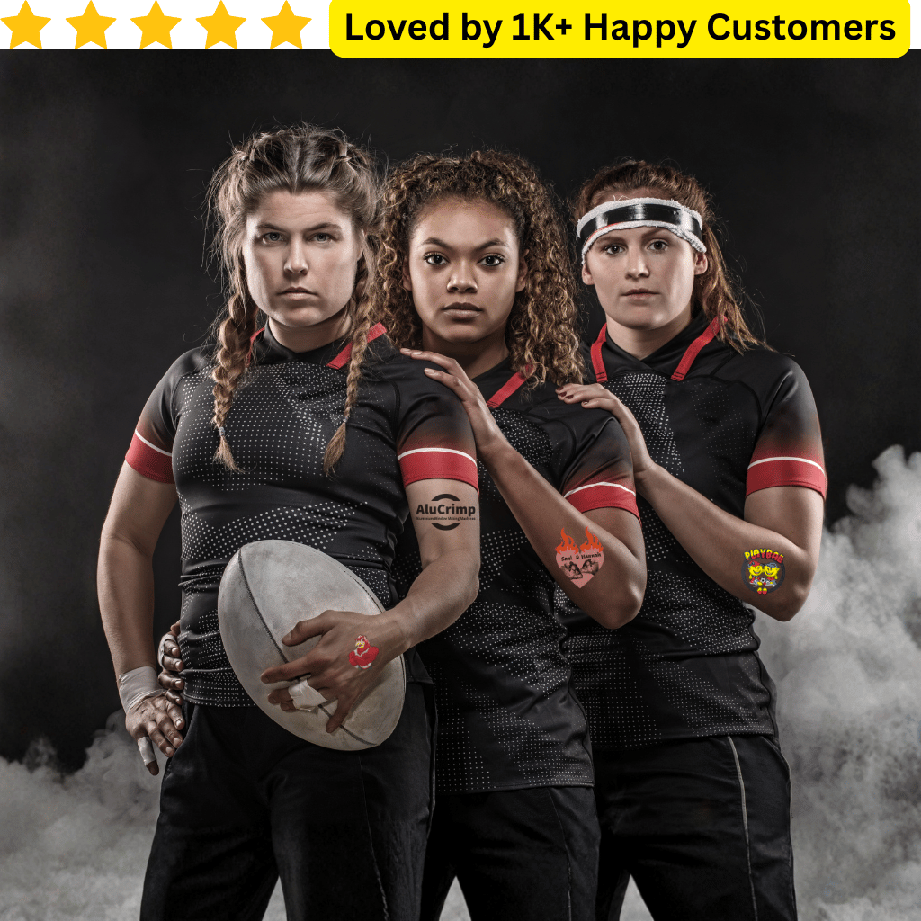 Three rugby players in black uniforms with red accents, holding a rugby ball, on a dark background with smoke effects. School Temporary Tattoos for Team Spirit
