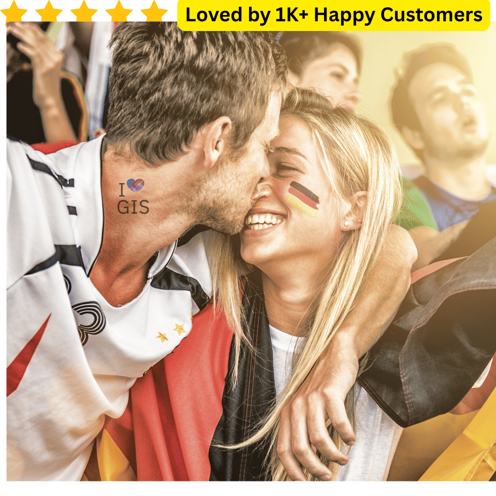 Man and woman embracing with a heart tattoo and 'I ❤️ GIS' tattoos, surrounded by a crowd. School Temporary Tattoos for Team Spirit