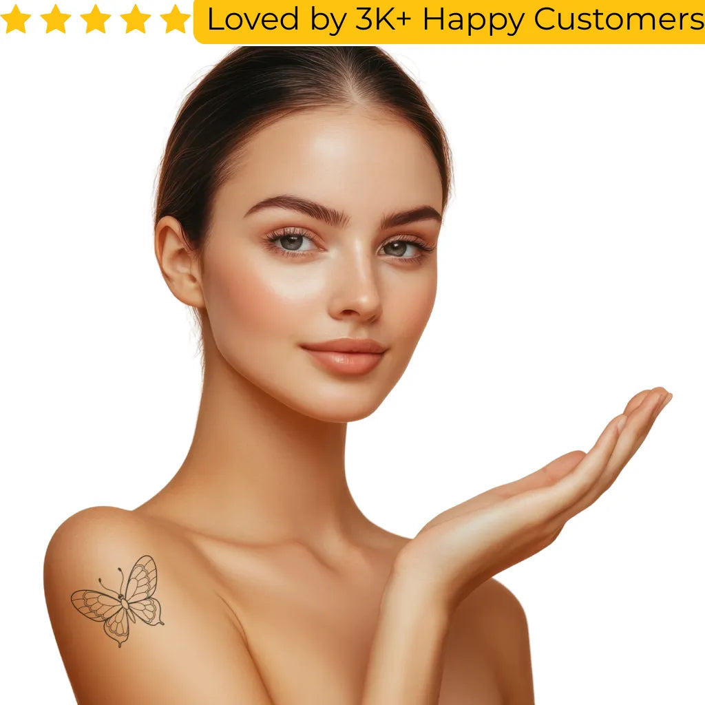 Woman with a butterfly tattoo on her shoulder, holding her hand out, with text 'Loved by 3K+ Happy Customers' above. Affordable and Stylish Fake Tattoos for Every Occasion in Cape Town