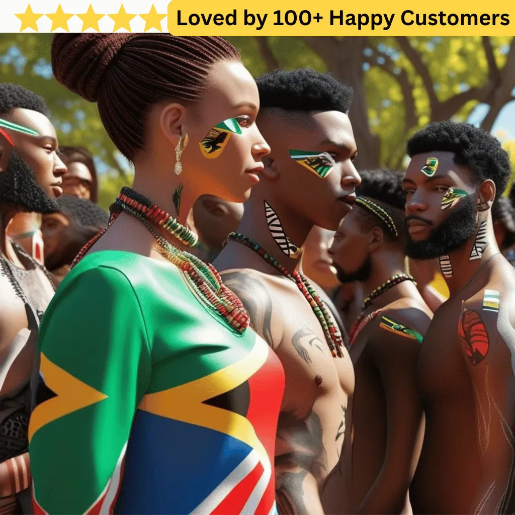 Group of people with body art resembling the South African flag, surrounded by nature.