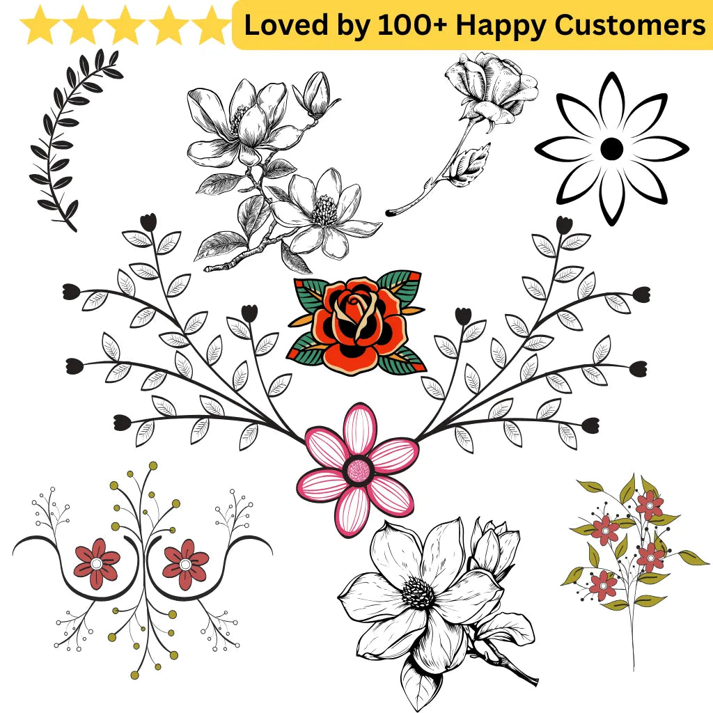 Collection of floral designs with a rose in the center on a white background. Floral Tattoo Designs