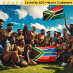 Group of people holding South African flags with a clear blue sky in the background wearing political campaign temporary tattoos 