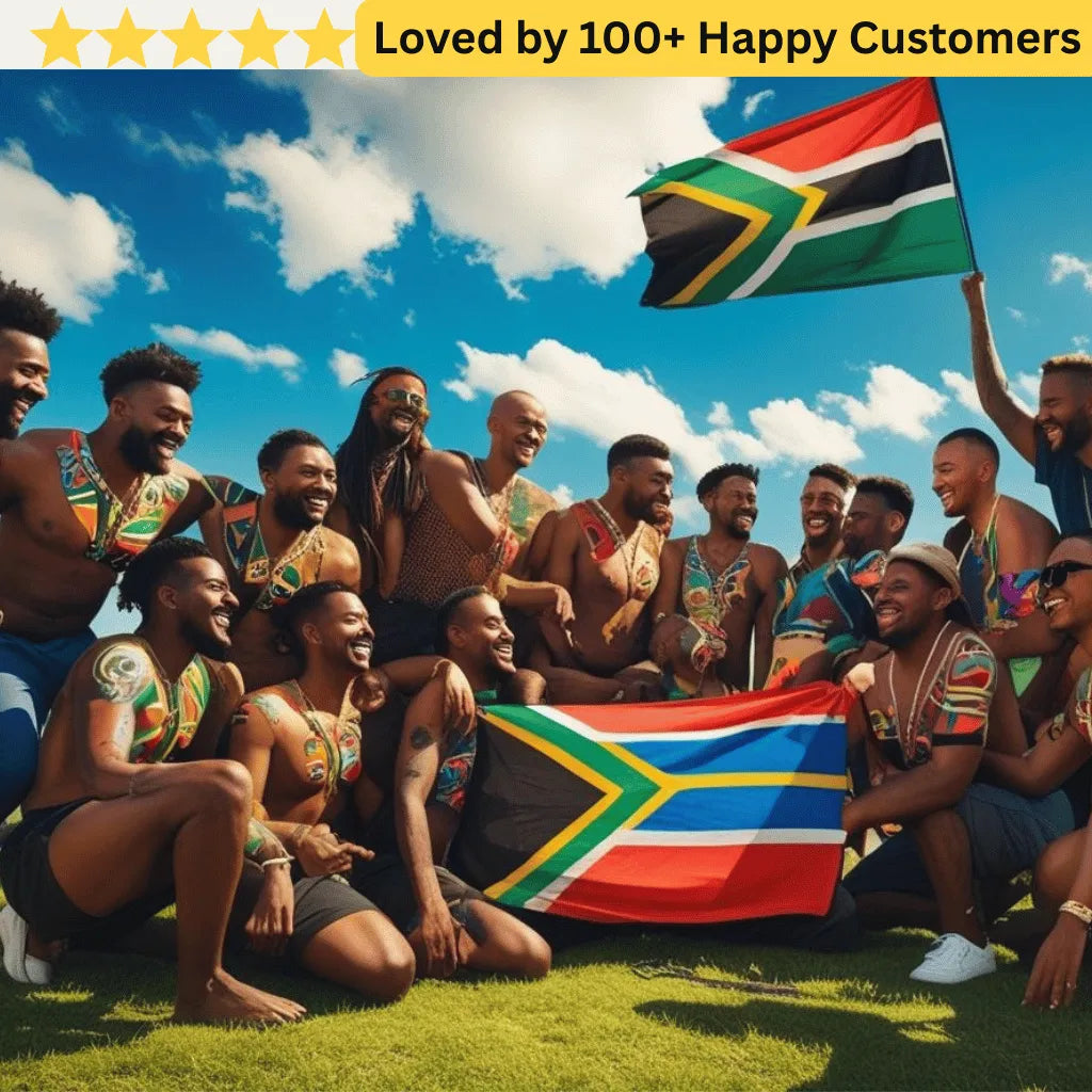 Group of people holding South African flags with a clear blue sky in the background wearing political campaign temporary tattoos 