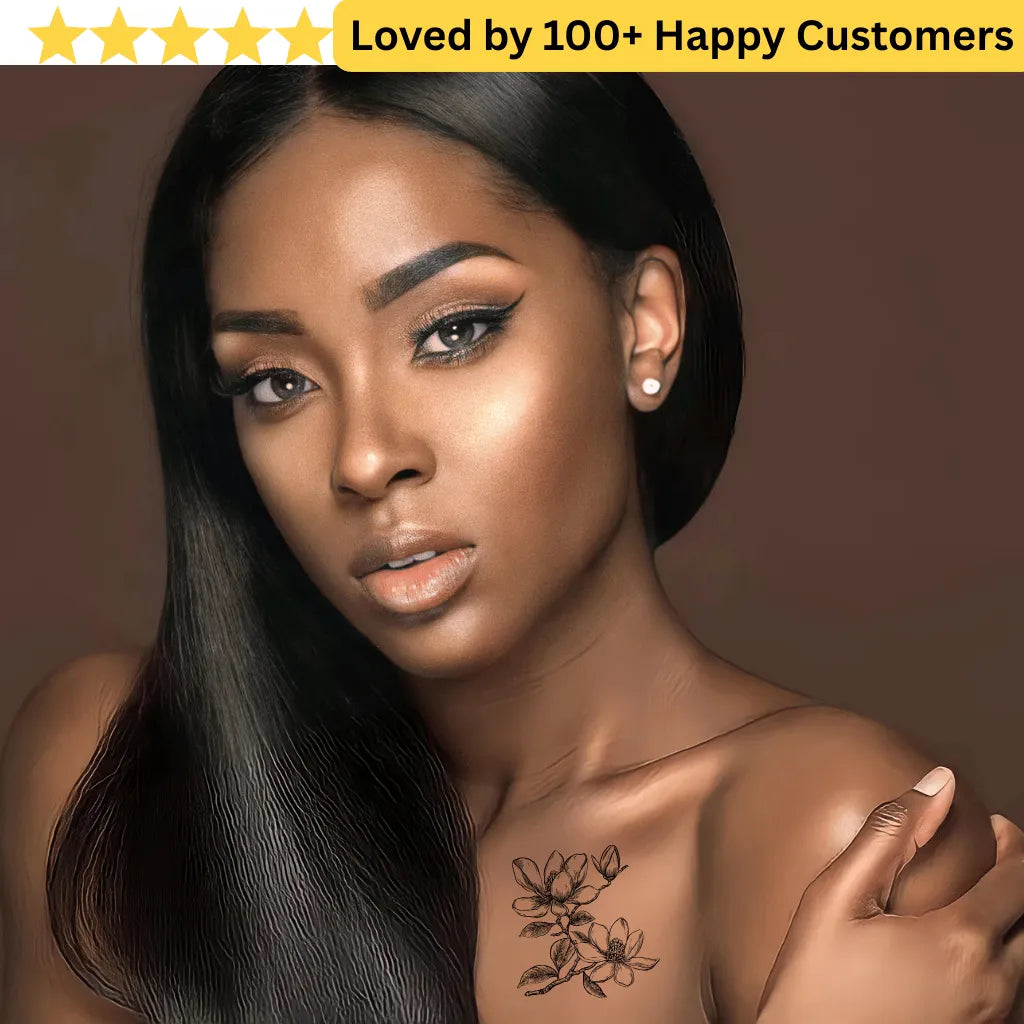 Woman with a tattoo on her shoulder against a brown background, with text 'Loved by 100+ Happy Customers' at the top. Floral Designs Tattoo