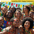 Group of people celebrating with temporary tattoos and flags in the background, with text 'Loved by 100+ Happy Customers'.