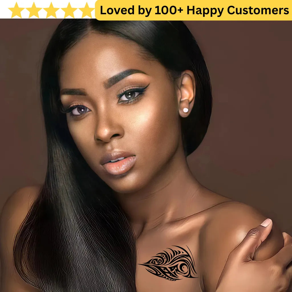 Woman with a tattoo on her shoulder against a brown background, with text 'Loved by 100+ Happy Customers' at the top. 5 Confident Style with TeMaRo Tattoos Women Chest