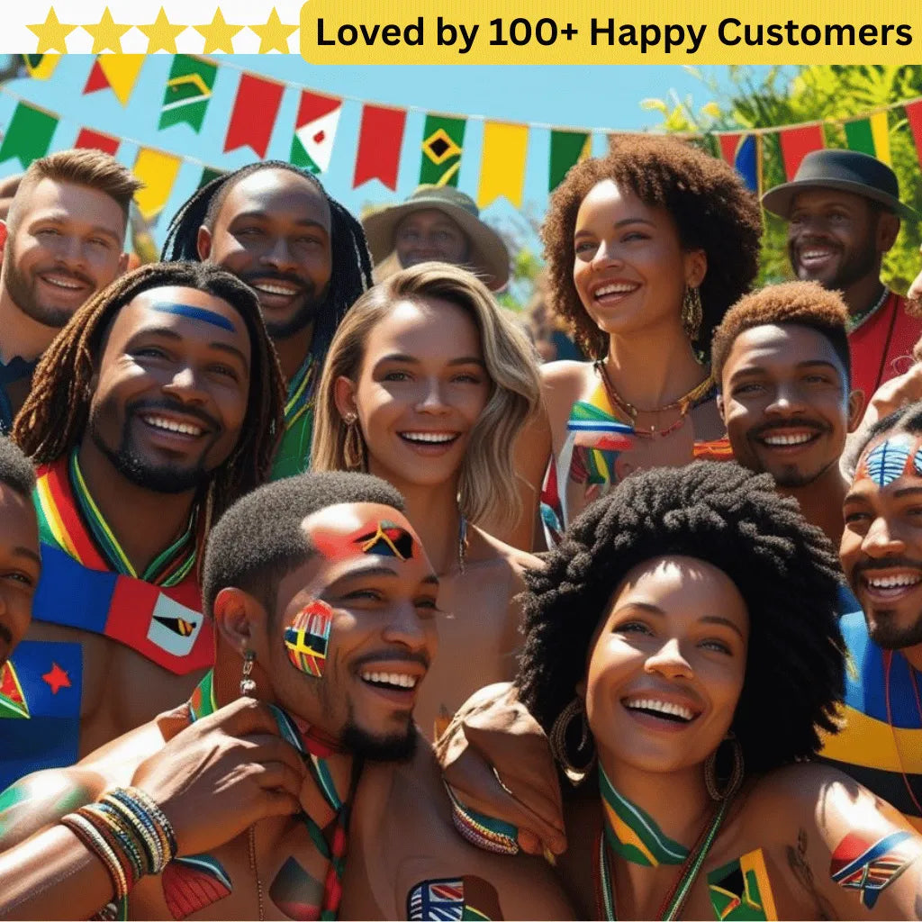 Group of people with colorful designs and flags, smiling outdoors with a clear sky wearing temporary tattoos custom 