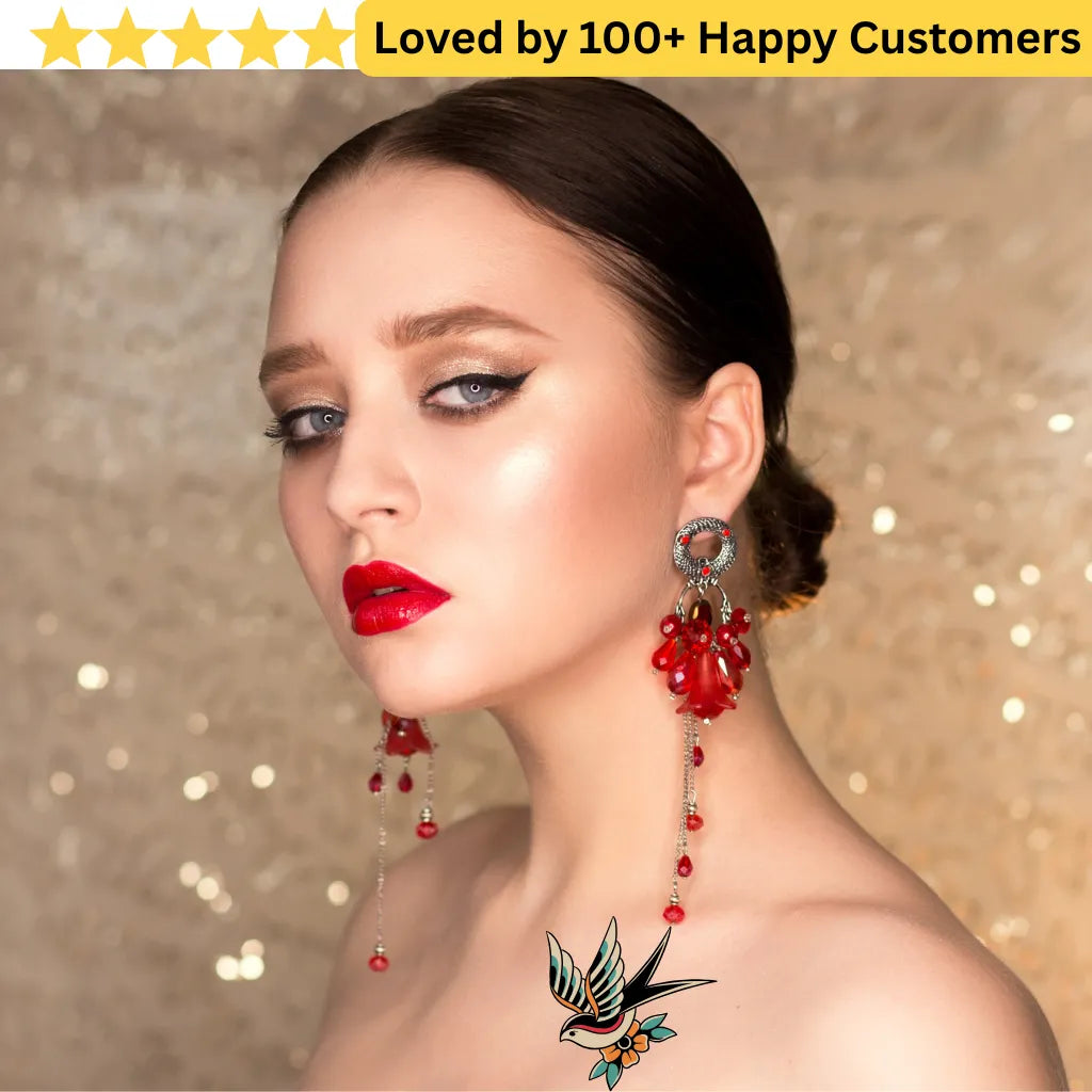 Woman wearing red earrings with a glittery background and text 'Loved by 100+ Happy Customers'. 5 Confident Style with TeMaRo Tattoos Women Chest