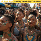 Group of people with body art and face temporary tattoos in an urban setting, with a text overlay about customer satisfaction.
