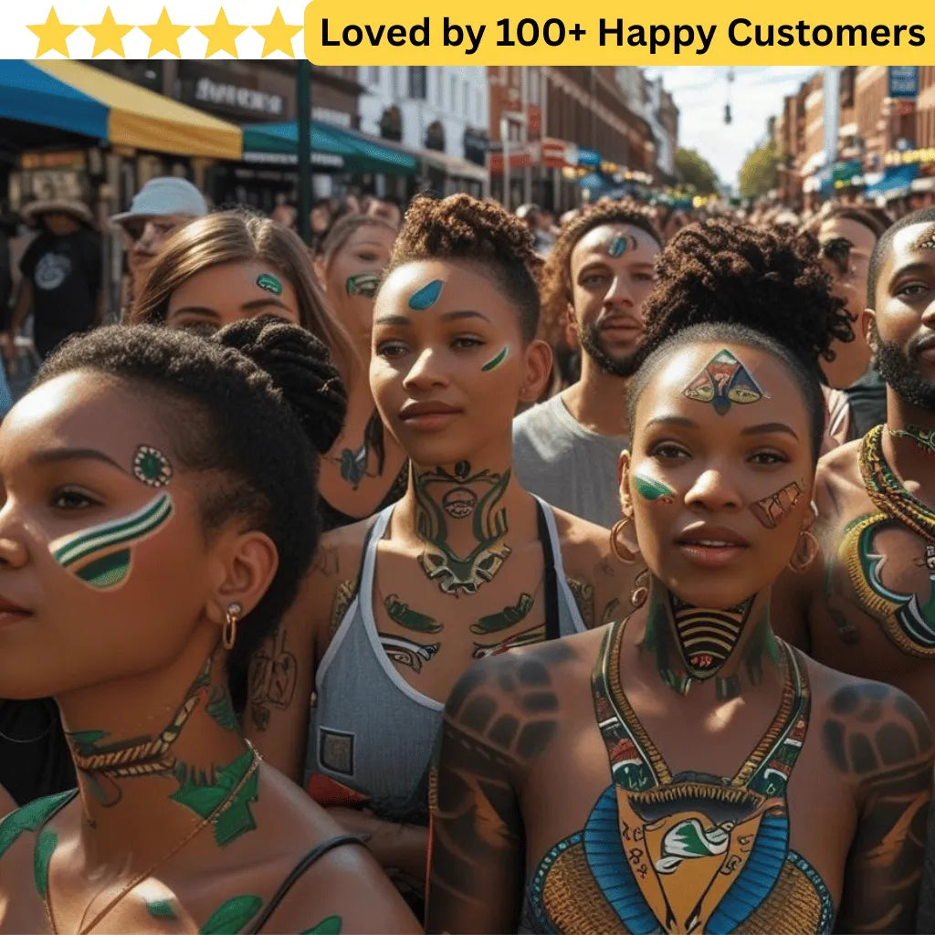 Group of people with body art and face temporary tattoos in an urban setting, with a text overlay about customer satisfaction.