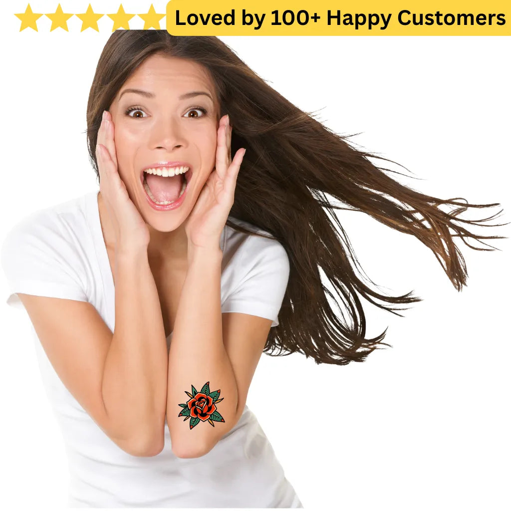 Woman with a floral tattoo on her arm, surrounded by text 'Loved by 100+ Happy Customers'. 5 Confident Style with TeMaRo Tattoos Women Chest
