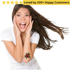 Woman with a floral tattoo on her arm, surrounded by text 'Loved by 100+ Happy Customers'. 5 Confident Style with TeMaRo Tattoos Women Chest