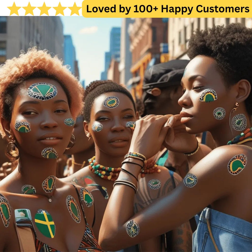 Group of women with decorative face temporary tattoos and jewelry in an urban setting