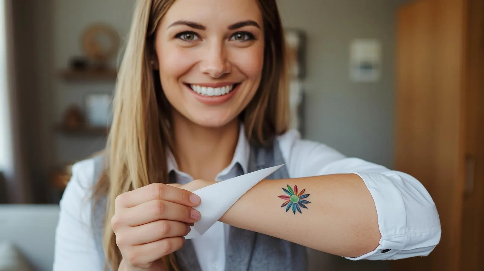 Woman with a colorful temporary tattoo on her arm indoors