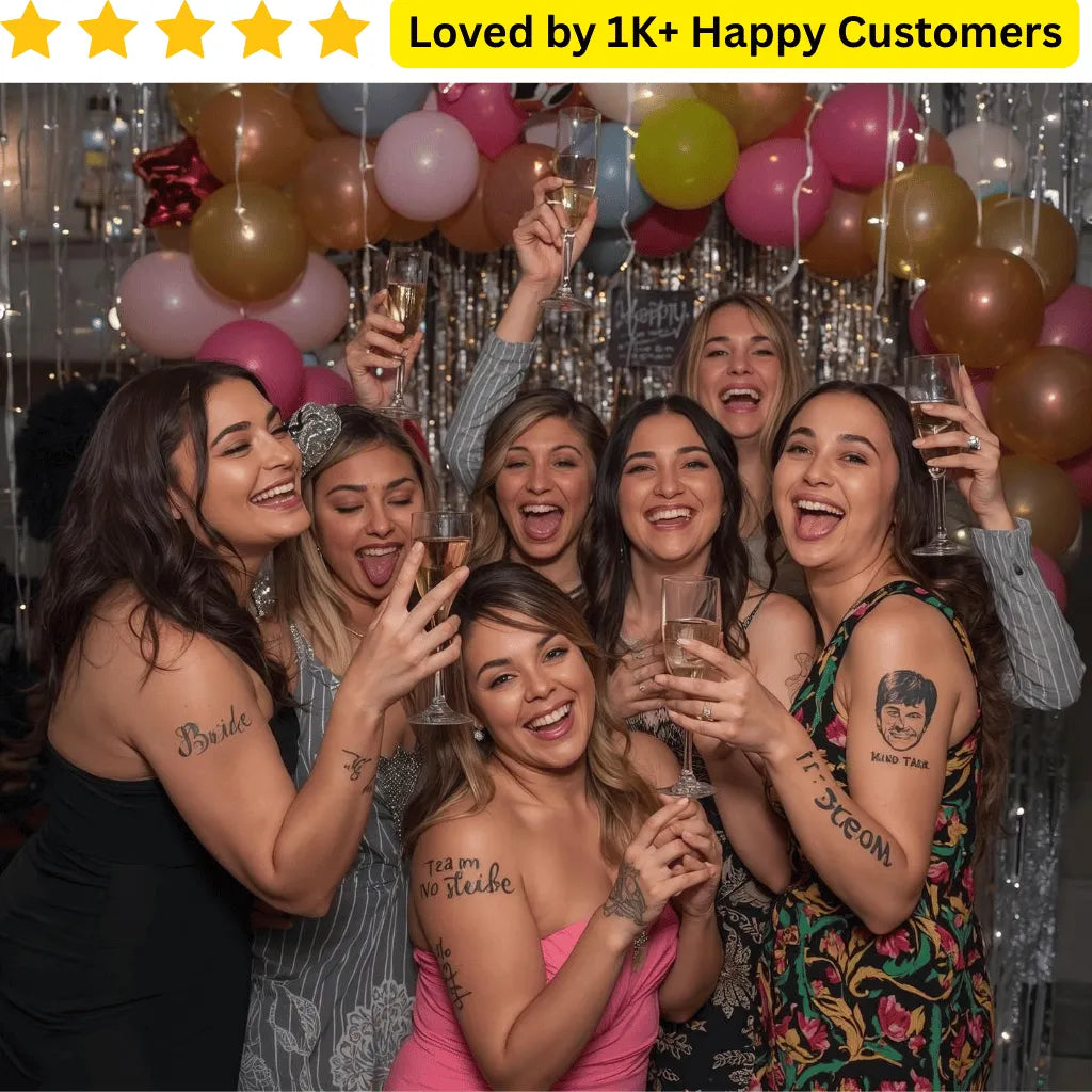 Group of women celebrating with balloons and champagne, text 'Loved by 1K+ Happy Customers' at the top. Fake Tattoos Bloemfontein