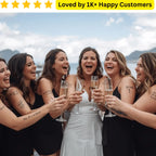 Group of women celebrating with champagne glasses on a scenic background. Get custom bachelorette tattoos printed fast—available in-store or delivered nationwide
