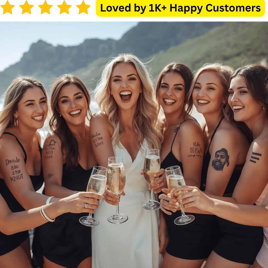 Group of women celebrating with champagne glasses against a mountainous background, with text indicating customer satisfaction. Style your squad with custom bachelorette tattoos for parties, photos & fun. Our top-selling product is crafted with great attention to detail and is highly esteemed by our loyal customers, exceeding expectations.