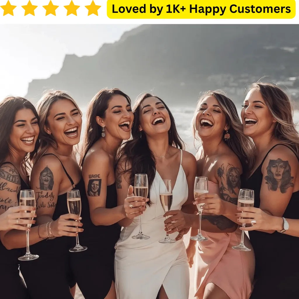 Group of women enjoying champagne by a mountainous landscape with a text overlay about customer satisfaction. Style your squad with custom bachelorette tattoos for parties, photos & fun